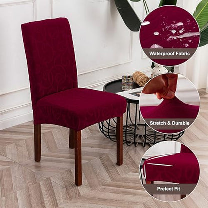 Waterproof Dining Room Chair Covers, Stretch Parsons Chair Slipcovers - color: Flower Pattern-wine Red, size: Regular-2 Pack