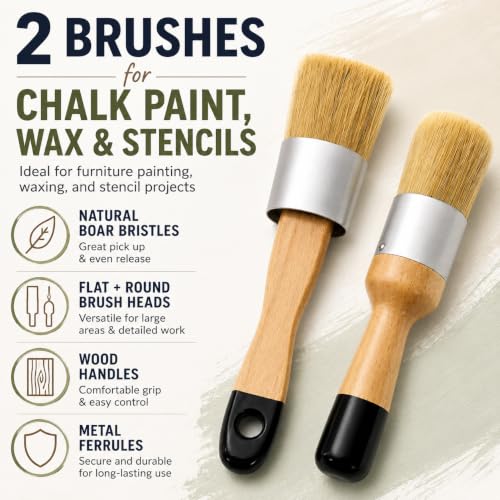Chalk Furniture Paint Brushes for Furniture Painting, Milk Paint, Wax, Stencil Brushes, Home Furniture Paint - 2 Piece Round Chalked Paint Brushes Set
