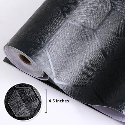 Self Adhesive Black Peel and Stick Wallpaper 15.7" X 784" 3D Hexagon - color: Black, size: 15.7" x 784"