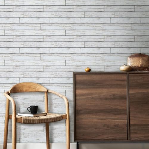 COMSTICKC 3D Faux Wood Wall Sticker Shiplap Peel and Stick, Not Real Wood - color: Gray-White