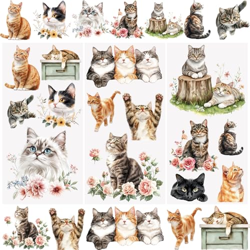 WANDIC 3 Sheets Cats Flowers Rub on Transfer Stickers Waterproof Cosy Kittens Transfer Decals Kitty Animal Stickers for Crafts Furniture DIY Crafts Decoration,15 * 30cm - color: Cats