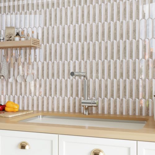 CRE8TIVE 4 Sheets Long Fish Scale Tile Peel and Stick Backsplash for Kitchen and Bathroom Adhesive Backsplash Stick on Wall Tiles Peel and Stick Shower Tile Waterproof 12"x12" White Brown Slate Tiles - color: White Brown, size: 12"x12" (4-Sheets)