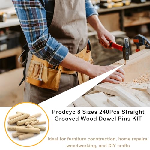 240Pcs Wood Dowels Kit 1/4 3/8 5/16 Inch Dowel Rods Pins with Tapered End with Bevel Angle Groove Wood Pegs for Repair Replacement Furniture Woodworking DIY Crafts