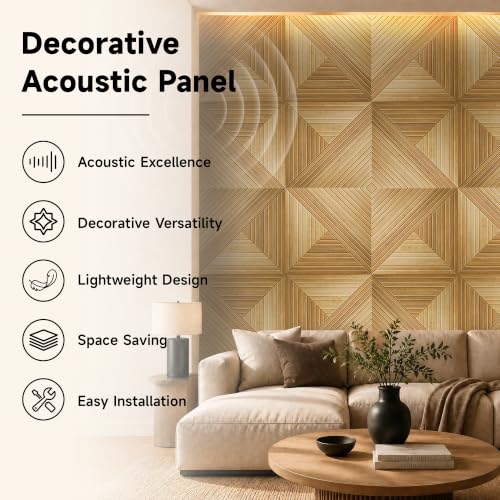 Acoustic Wall Panels, 6-Pack 23.62x23.62 in, Decorative Sound Absorbing Panels, Self-Adhesive for Wall/Ceiling, Noise Reduction Wall Art for Home Studio Office, Natural Oak - size: 6 Pack-23.6"*23.6"