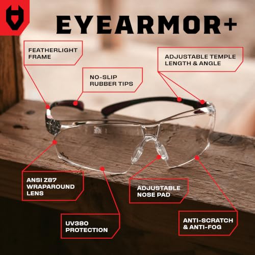 NoCry Clear Safety Glasses for Men and Women with Anti-Fog and Scratch Resistant Wrap Around Lenses, Adjustable Temples and Nose Pads — ANSI Z87 Certified Protective Eyewear with 100% UV Shielding - color: Black & Red