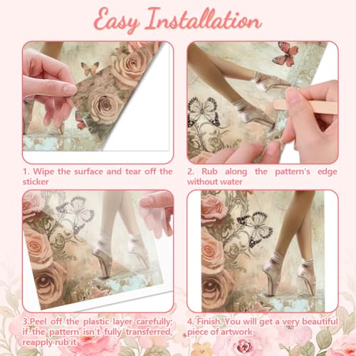 Peacoblue Retro Ballet and Roses Rub On Transfers for Furniture 6"x12" - style: Retro Ballet Dancer and Pink Roses