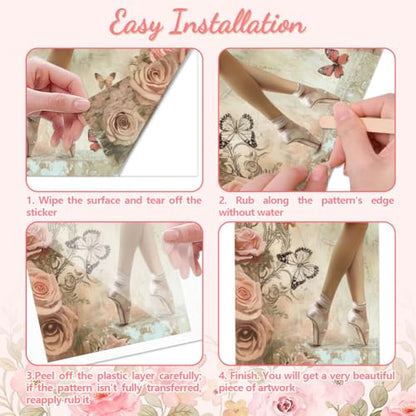 Peacoblue Retro Ballet and Roses Rub On Transfers for Furniture 6"x12" - style: Retro Ballet Dancer and Pink Roses