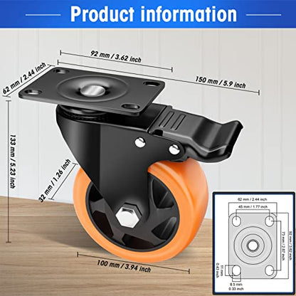 4" Swivel Plate Casters, 1200Lbs Capacity with Brake - color: Orange, size: 4 Inch