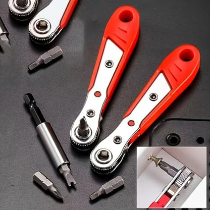Steel Screwdriver, Suitable For Confined Spaces, Motorless, Red Right-Angle Tool With Ratchet Forward/Backward Function