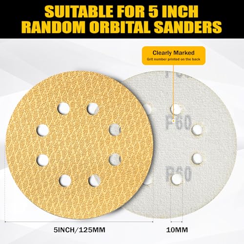 120Pcs 5 Inch 8-Hole Hook&Loop Sanding Discs, 40-600 Grits Diamond Yellow Sand, Dust-Free/Wear-Resistant, Latex Paper Base (No Fray), 135G Backing for Wood/Metal/Auto, DIY & Pros - style: 5inch-8Hole