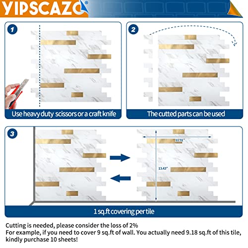 Yipscazo 5 Sheets Peel and Stick Stone Metal Tile Backsplash, Stick on Tiles for Backsplash Kitchen, Bathroom, Laundry Room, Camper, Fireplace (12'' X 12'', White Stone with Gold) - color: White Stone with Gold