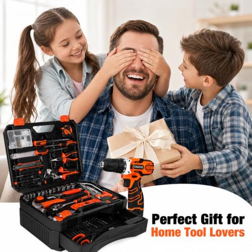 255-Piece Home Tool Kit with 12V Cordless Drill and Drawer Case