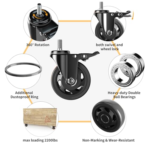 3 Inch Caster Wheels Heavy Duty 1/2"-13x1 Threaded Stem Casters Set of 4 - color: Black, size: 3in(1/2"-13)