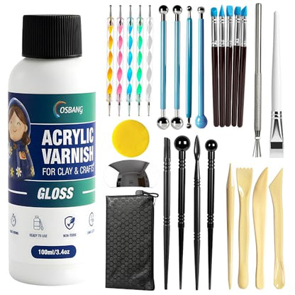 OSBANG Air Dry Clay Glaze and Tools Kit, Gloss Clear Varnish with 29-Piece Clay Sculpting Set - size: Gloss Glaze Tool Kit