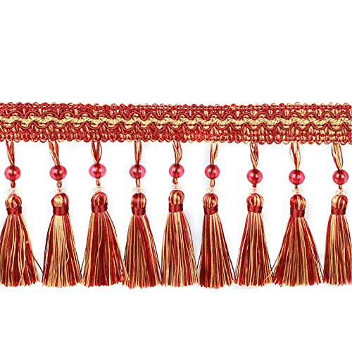6.5 Yard Beads Tassel Handmade Fringe Trim Ribbon Trimming, 11Cm/4.3Inch Diameter Hand Knitting Tassel Fringing Trimmings for Decor, DIY - color: mix red