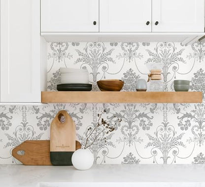 Silver Gray Removable Wallpaper Damascus Floral Peel and Stick Wallpaper - color: Silver/Gray, size: 17.3" x 118"