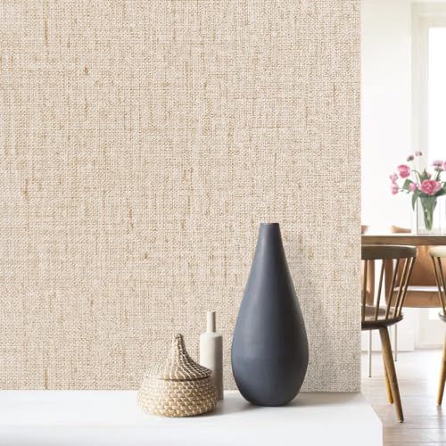 Beige Grasscloth Peel and Stick Wallpaper Textured 15.7in x 118.1in - color: Beige, size: 15.7" x 118.1"