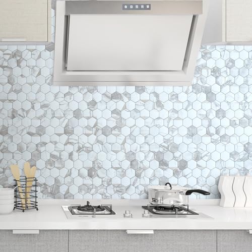 DICOFUN 1-Sheet White Hexagon Tile Peel and Stick Backsplash, Marble Look PVC Mixed Silver Metal Mosaic Tiles for Kitchen and Bathroom - color: White Marble + Silver Metal Chip, size: 1 Sheet, 12''x12''x0.12''