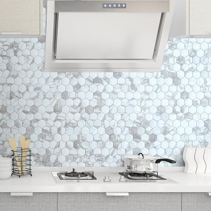 DICOFUN 1-Sheet White Hexagon Tile Peel and Stick Backsplash, Marble Look PVC Mixed Silver Metal Mosaic Tiles for Kitchen and Bathroom - color: White Marble + Silver Metal Chip, size: 1 Sheet, 12''x12''x0.12''