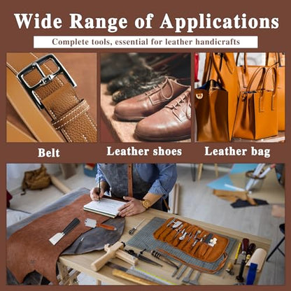 BUTUZE Leather Kit, Leather Tooling Kit for Beginners, Leathercraft Tools with Stamping Tools, Beveler, Groover, Stitching Punch Sewing Thread and Needles - Roll Bag and Manual
