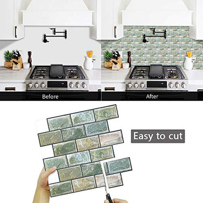 10 Sheets Peel and Stick Tile Backsplash for Kitchen Wall Tile, Self Adhesive Brick Backsplash Subway Tiles Backsplash, Stick on Tiles Kitchen Backsplash 10"x10.6" - color: Green