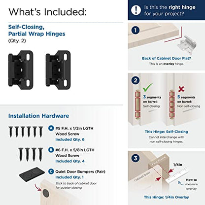 Amerock 1 Pair 1/4" Overlay Matte Black Partial Wrap Cabinet Hinge - color: Matte Black, size: 1/4 Inch (6 mm) Overlay