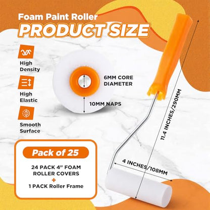 24 Pcs 4 Inch Foam Paint Rollers with Roller Frame Kit High Density Foam Paint Roller House Painting Supplies, Mini Rollers Accessories for Painting Walls, Doors, Furniture, Trim, Cabinets