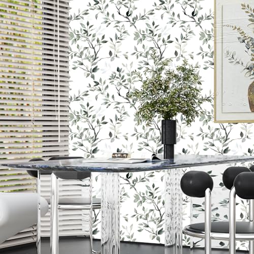 ILHIIOR Green Leaf Peel and Stick Wallpaper Boho 17.5 x 393 Inches - color: Green&White, size: 17.5" x 393"