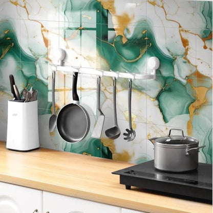 Chejiaye 22pcs Marble Peel and Stick Backsplash Waterproof Washroom Wall Panels, Peel and Stick Tile, PVC Foam Wall Panels for Kitchen,Bathroom,Living Room,Green and Gold(Not Real Tile,11.8" x 11.8") - color: Green and Gold, size: 11.8" x 11.8" x 22Pack