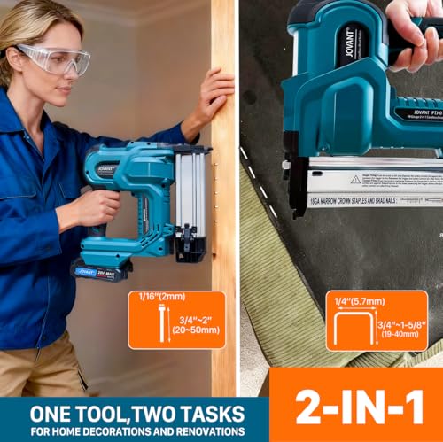 Brad Nailer Electric, 18 Gauge Brad Nail Gun, 2-in-1 Brad Nailer with 800pcs Nails&Staples, Nail Gun with 2×2.0Ah Batteries, for Woodworking, Home Improvement JOVANT