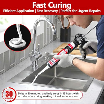 LISRUX Supreme Silicone Caulk for Kitchen & Bathroom, White, 10 fl oz Cartridge, 24 Pack - 100% Waterproof Silicone Sealant, Stronger Adhesion, Shrink & Crack Proof - size: 24P