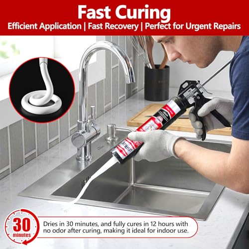 LISRUX Supreme Silicone Caulk for Kitchen & Bathroom, White, 10 fl oz Cartridge, 4 Pack - 100% Waterproof Silicone Sealant, Stronger Adhesion, Shrink & Crack Proof - size: 4P