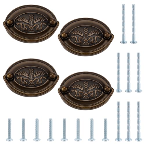 PH PandaHall 4 Pack Antique Drawer Pulls Handles Oval Bail Drawer Pulls 3.3inch Vintage Cabinet Handle Bronze Wheat Pattern Drop Swing Handles with Screws for Vanity Nightstand Wardrobe Cupboard Knob