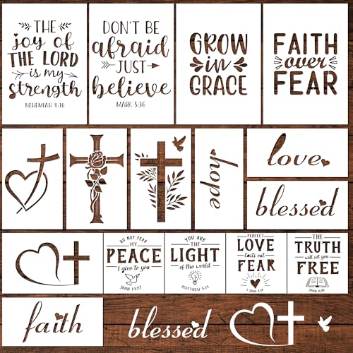 Keluna Christian Stencils for Painting -16 Pcs Religious Bible Verse Stencils for Painting on Wall, Reusable Template for Crafts - style: christian