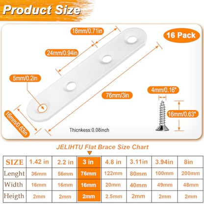 16 Pack White Flat Brackets 3 inch Straight Brace - color: White, size: 16 Pcs / 3 x 0.63 in