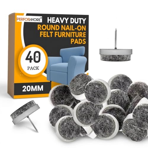 PERFORMORE 40 Pcs Heavy Duty Round Nail-On Felt Furniture Pads 20mm, Non Slip Floor Chair Leg Protectors for Wooden Furniture Tables, Sofas, Cabinet and More