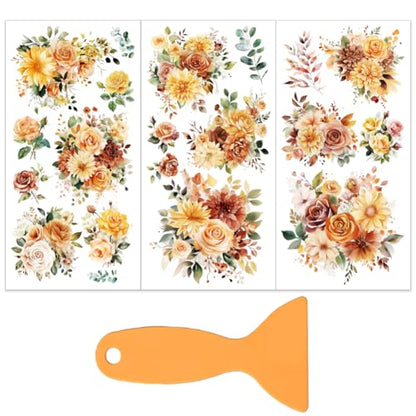 OLYCRAFT 3 Sheets/Set Sunset Rose Rub on Transfers for Furniture and Craft 6x12 Inch Dahlias Furniture Decal Transfer Stickers Rub on Decal with 1pc Scraper for Wooden Furniture Home Decorations - style: Sunset Rose