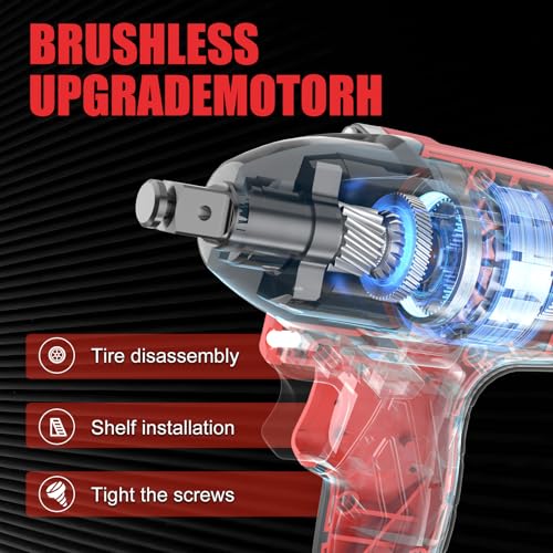 430N.m/320Ft-lbs Brushless Cordless Impact Wrench 1/2 Inch with 4.0Ah Battery and Charger, High Torque Electric Impact Gun, Power Drill Driver for Car/DIY Furniture/Lawn Mower, 2 Batteries