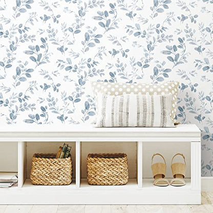 RoomMates Dancing Leaves Peel and Stick Wallpaper - color: Blue/White