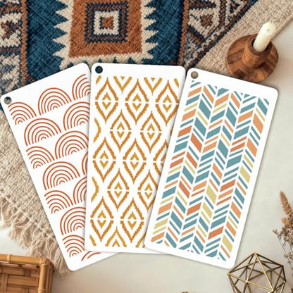 12 Sheets Boho Aesthetics Stencil for Painting, Rainbow Flower Square Modern Texture Drawing Stencil Geometric Reusable Art Stencils Template for Painting on Wall Wood Home Decor - style: Boho Aesthetics