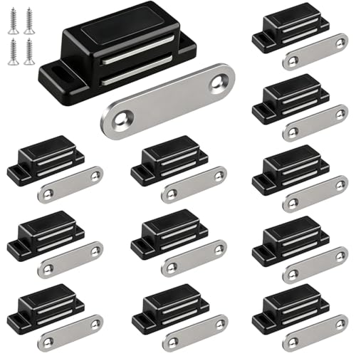 QEDT Cabinet Magnet Latch - Best for Cabinet Doors, Cupboards, Drawers and Shutters - Cabinet Magnetic Latch Easy Install - Magnetic Cabinet Catch Screws Included - Set of 12 (Black)… - color: Black
