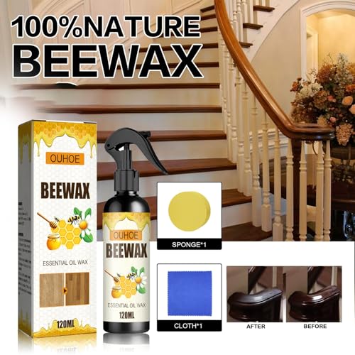 3Pcs Beeswax Spray Furniture Polish, Original Natural Beeswax Care Spray, Wood Cleaner, Wood Floor Polish for Living Room,Kitchen,Wooden Furniture Floors(120ml+Sponge+Cloth)