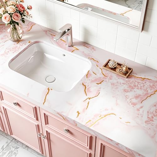 15.7x317 Marble Peel and Stick Wallpaper Pink Contact Paper Marble Pink White and Gold Wallpaper Renter Friendly Vinyl Countertop Wrap for Kitchen Cabinets Doors Desk Waterproof Removable