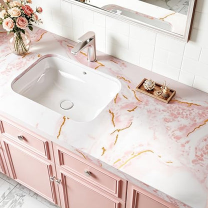 15.7x317 Marble Peel and Stick Wallpaper Pink Contact Paper Marble Pink White and Gold Wallpaper Renter Friendly Vinyl Countertop Wrap for Kitchen Cabinets Doors Desk Waterproof Removable