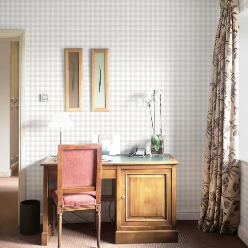 Plaid Wallpaper Neutral Wallpaper 196"×17.3" Checkered Wall Paper Peel and Stick Modern Beige Contact Paper for Cabinets Vinyl Renter Friendly Waterproof Self-Adhesive Bathroom Kitchen Bedroom - color: Beige and White, size: 17.3" x 196"