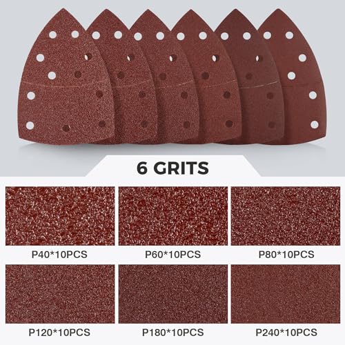 S SATC 60 PCS Mouse Sander Sandpaper 11 Holes Detail Sander Sandpaper Palm Sander Paper Hook and Loop Sander Pads Triangular Sanding Sheets Assorted 40/60/80/120/180/240 Grit - style: 60PCS 11 Hole 40/60/80/120/180/240 Grit