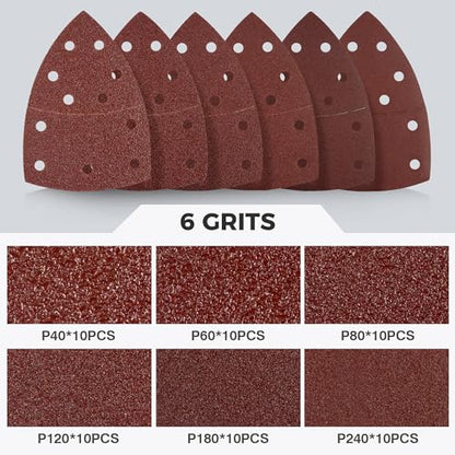 S SATC 60 PCS Mouse Sander Sandpaper 11 Holes Detail Sander Sandpaper Palm Sander Paper Hook and Loop Sander Pads Triangular Sanding Sheets Assorted 40/60/80/120/180/240 Grit - style: 60PCS 11 Hole 40/60/80/120/180/240 Grit