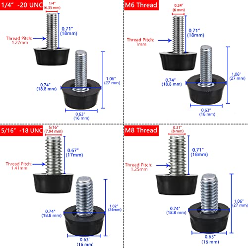 1/4"-20 UNC Thread Adjustable Furniture Levelers Screw in Threaded - size: 1/4"-20 UNC Thread