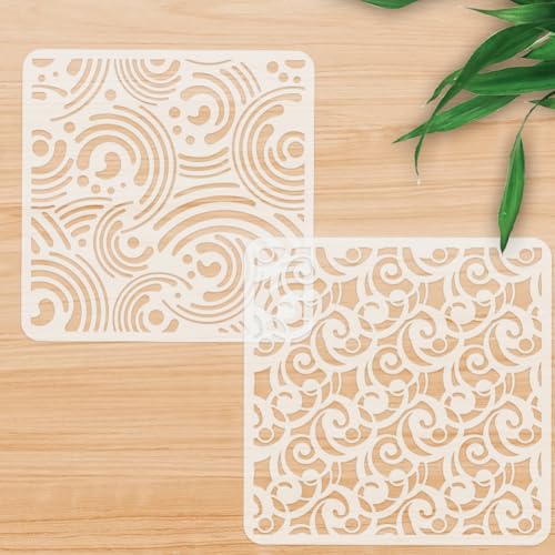 2Pcs Cosmic Swirl Mod Spiral Wall Stencil Templates 11.8 x 11.8 Inch Reusable Plastic Stencils for Painting on Wood Wall Floor Fabric Glass Furniture - style: Swirl Mod Spiral