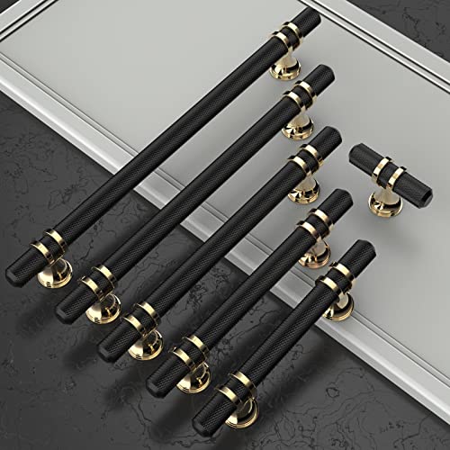 Amerdeco 10 Pack Knurled Matte Black and Gold Cabinet Pulls 5 Inch Hole Center Kitchen Cabinet Handles for Drawer Dresser, Cupboard and Wardrobe ZH0025 - color: Black+Gold, size: 5"/128MM Hole Center, style: 10 Pack